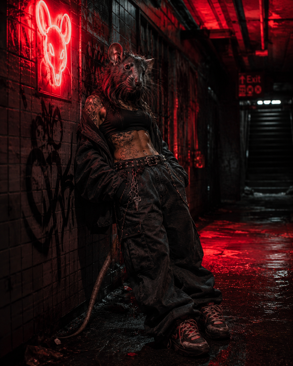 Rat-masked figure in black streetwear leaning against a graffiti wall in a red-lit underground tunnel